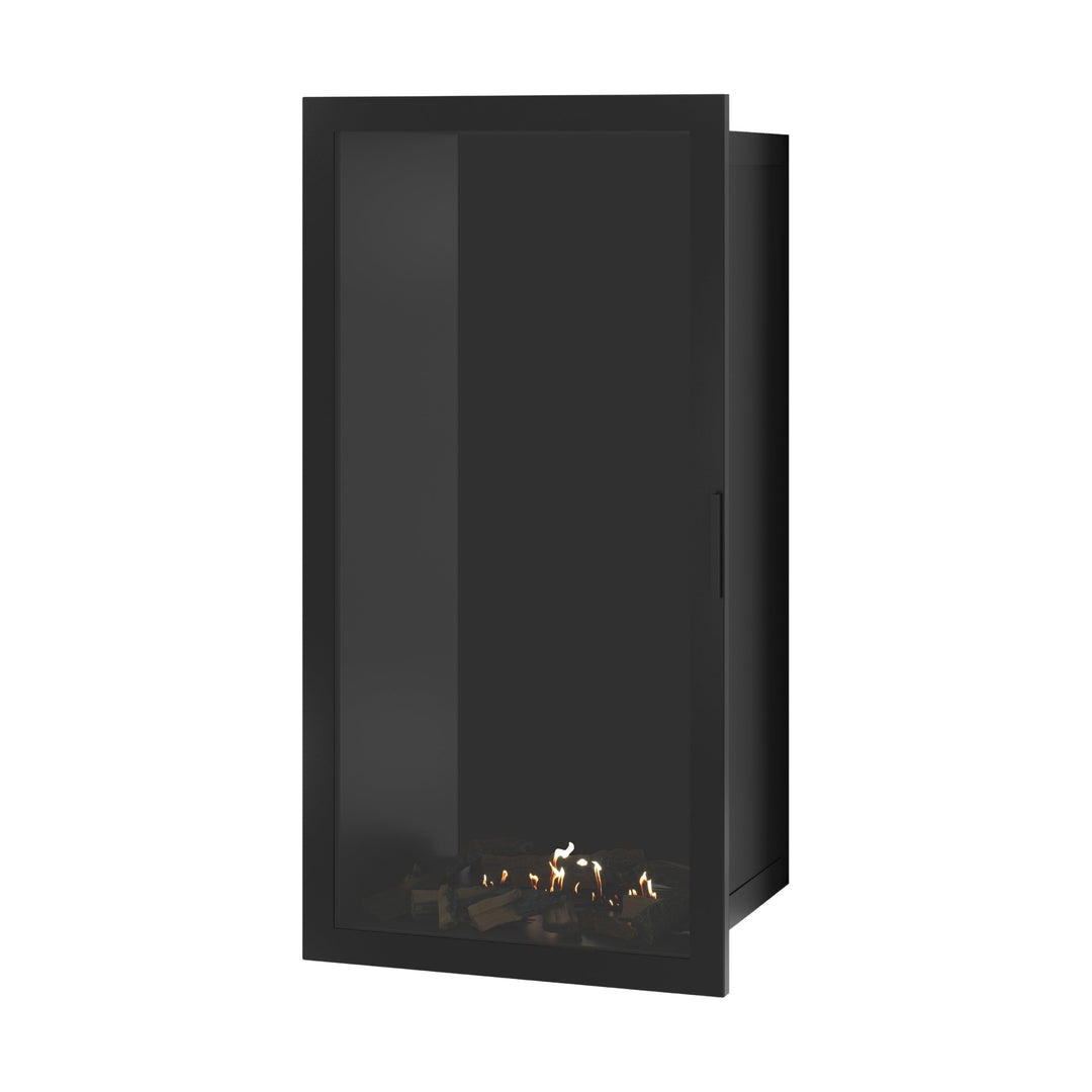 Bioethanol Einbaukamin SELECTED Vertikal 70x160 cm mit Vollverglasung in Schwarz, Perspektivansicht mit geschlossener Glastür auf weißem Hintergrund