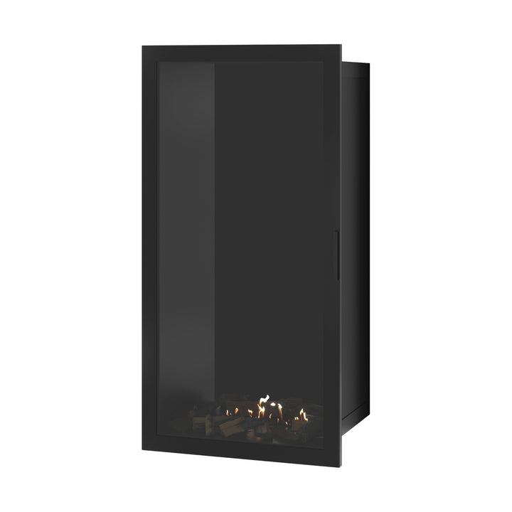 Bioethanol Einbaukamin SELECTED Vertikal 70x160 cm mit Vollverglasung in Schwarz, Perspektivansicht mit geschlossener Glastür auf weißem Hintergrund