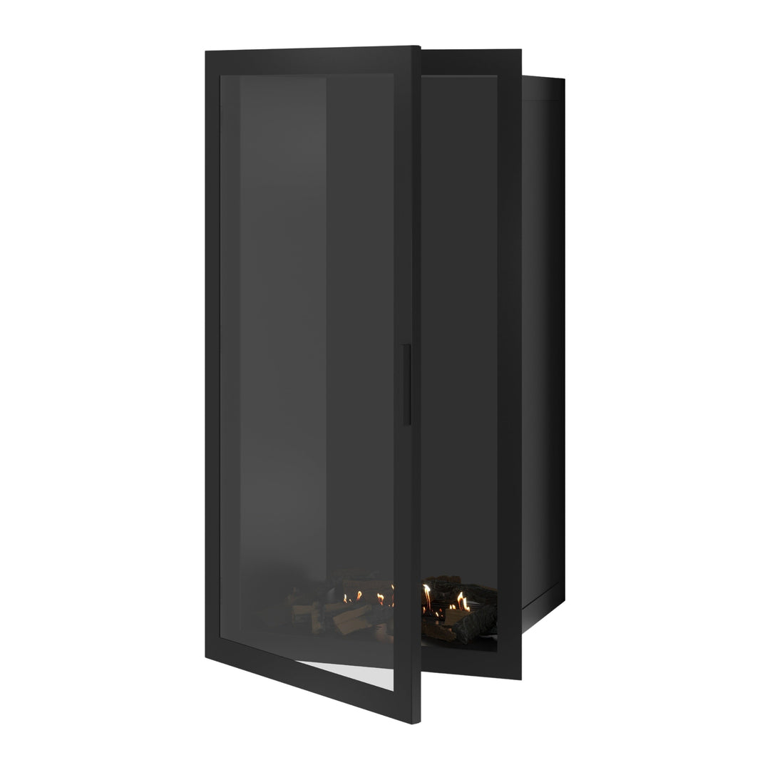 Bioethanol Einbaukamin SELECTED Vertikal 70x160 cm mit Vollverglasung in Schwarz, Perspektivansicht mit geöffneter Glastür auf weißem Hintergrund