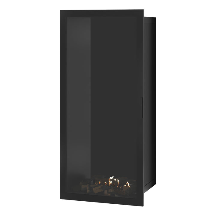 Bioethanol Einbaukamin SELECTED Vertikal 70x200 cm mit Vollverglasung in Schwarz, Perspektivansicht mit geschlossener Glastür auf weißem Hintergrund