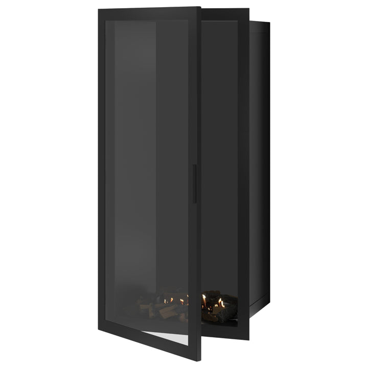 Bioethanol Einbaukamin SELECTED Vertikal 70x200 cm mit Vollverglasung in Schwarz, Perspektivansicht mit geöffneter Glastür auf weißem Hintergrund