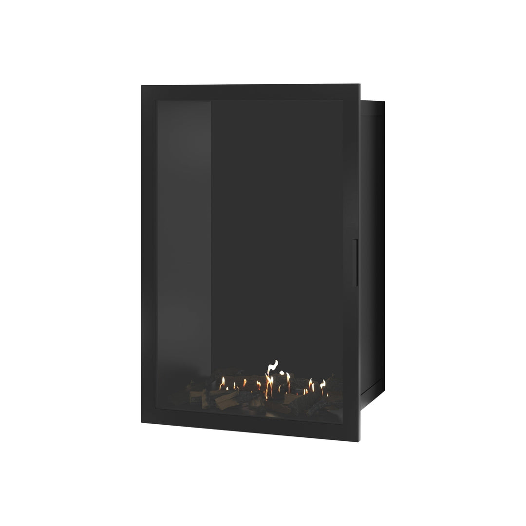 Bioethanol Einbaukamin SELECTED Vertikal 80x100 cm mit Vollverglasung in Schwarz, Perspektivansicht mit geschlossener Glastür auf weißem Hintergrund
