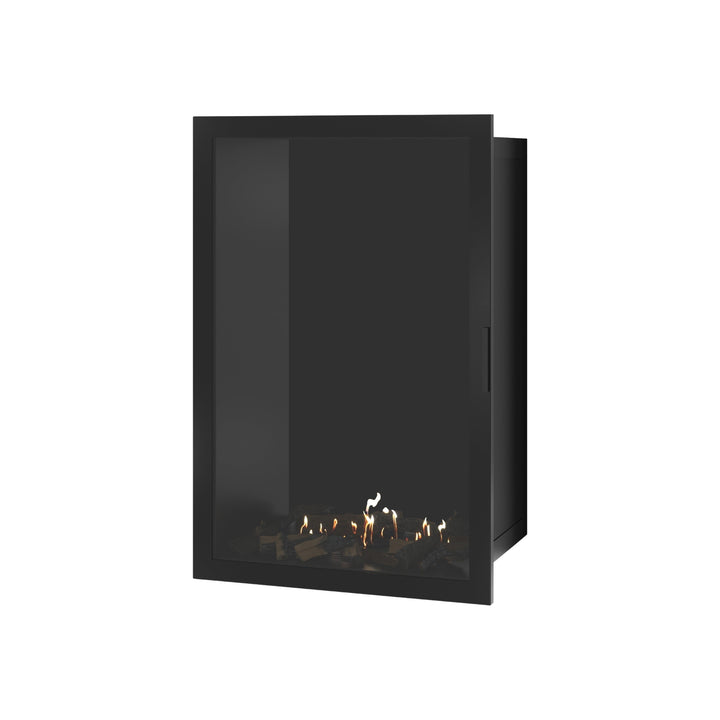 Bioethanol Einbaukamin SELECTED Vertikal 80x100 cm mit Vollverglasung in Schwarz, Perspektivansicht mit geschlossener Glastür auf weißem Hintergrund