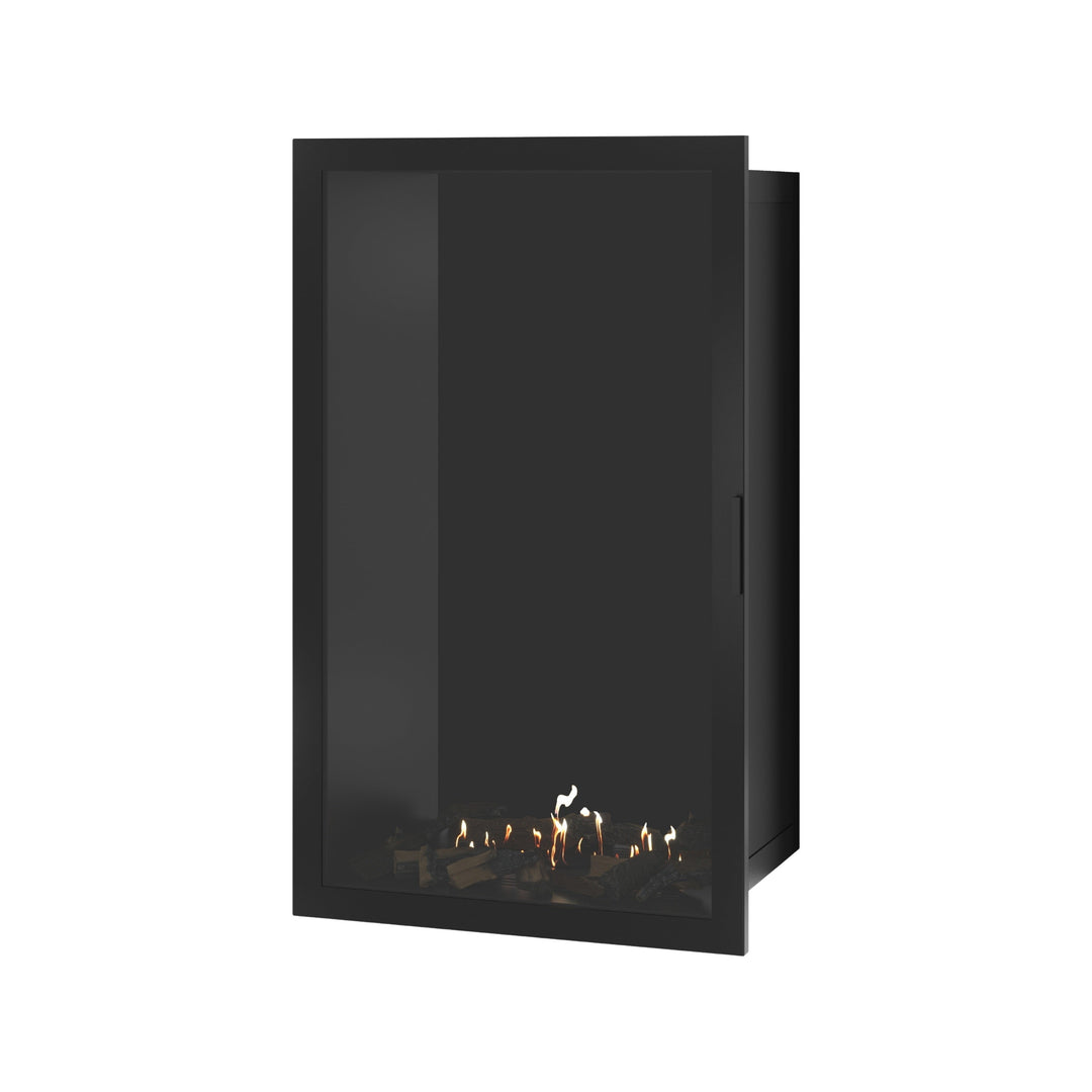 Bioethanol Einbaukamin SELECTED Vertikal 80x120 cm mit Vollverglasung in Schwarz, Perspektivansicht mit geschlossener Glastür auf weißem Hintergrund