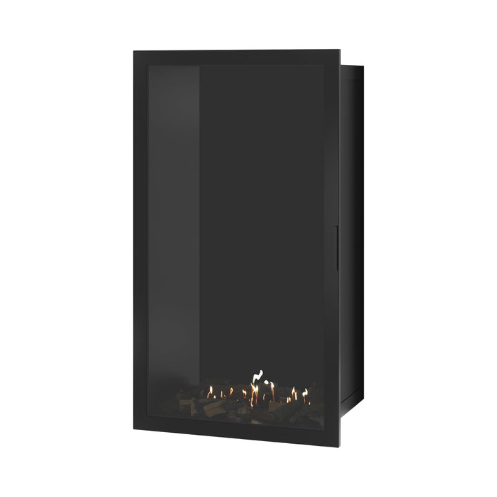Bioethanol Einbaukamin SELECTED Vertikal 80x140 cm mit Vollverglasung in Schwarz, Perspektivansicht mit geschlossener Glastür auf weißem Hintergrund