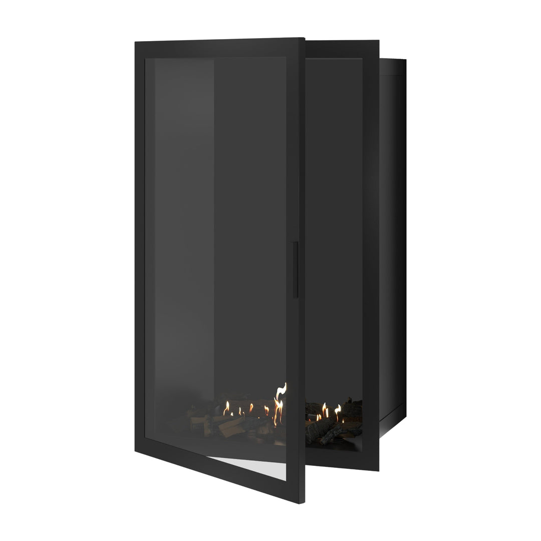 Bioethanol Einbaukamin SELECTED Vertikal 80x140 cm mit Vollverglasung in Schwarz, Perspektivansicht mit geöffneter Glastür auf weißem Hintergrund