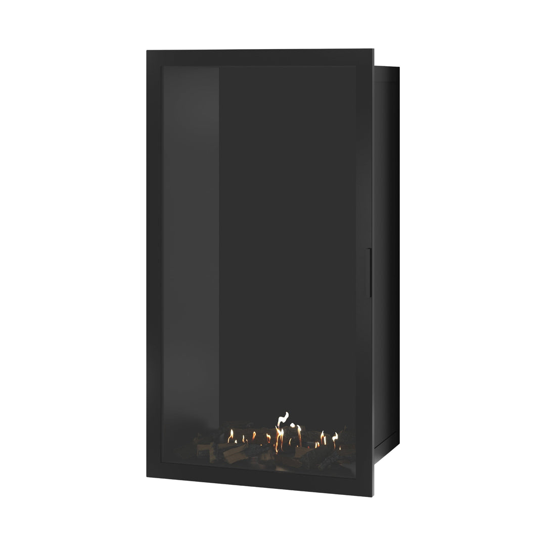 Bioethanol Einbaukamin SELECTED Vertikal 80x160 cm mit Vollverglasung in Schwarz, Perspektivansicht mit geschlossener Glastür auf weißem Hintergrund