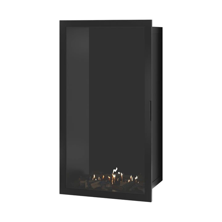 Bioethanol Einbaukamin SELECTED Vertikal 80x160 cm mit Vollverglasung in Schwarz, Perspektivansicht mit geschlossener Glastür auf weißem Hintergrund