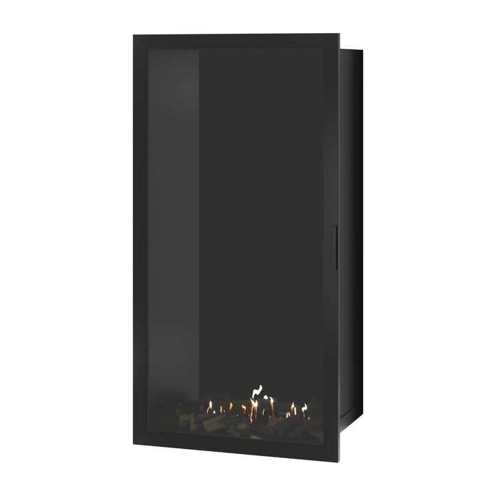 Bioethanol Einbaukamin SELECTED Vertikal 80x180 cm mit Vollverglasung in Schwarz, Perspektivansicht mit geschlossener Glastür auf weißem Hintergrund