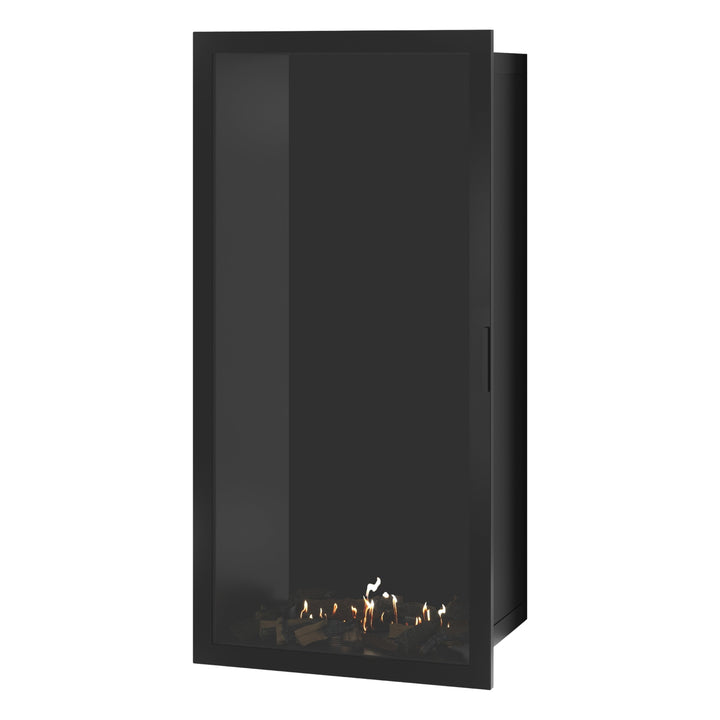 Bioethanol Einbaukamin SELECTED Vertikal 80x200 cm mit Vollverglasung in Schwarz, Perspektivansicht mit geschlossener Glastür auf weißem Hintergrund