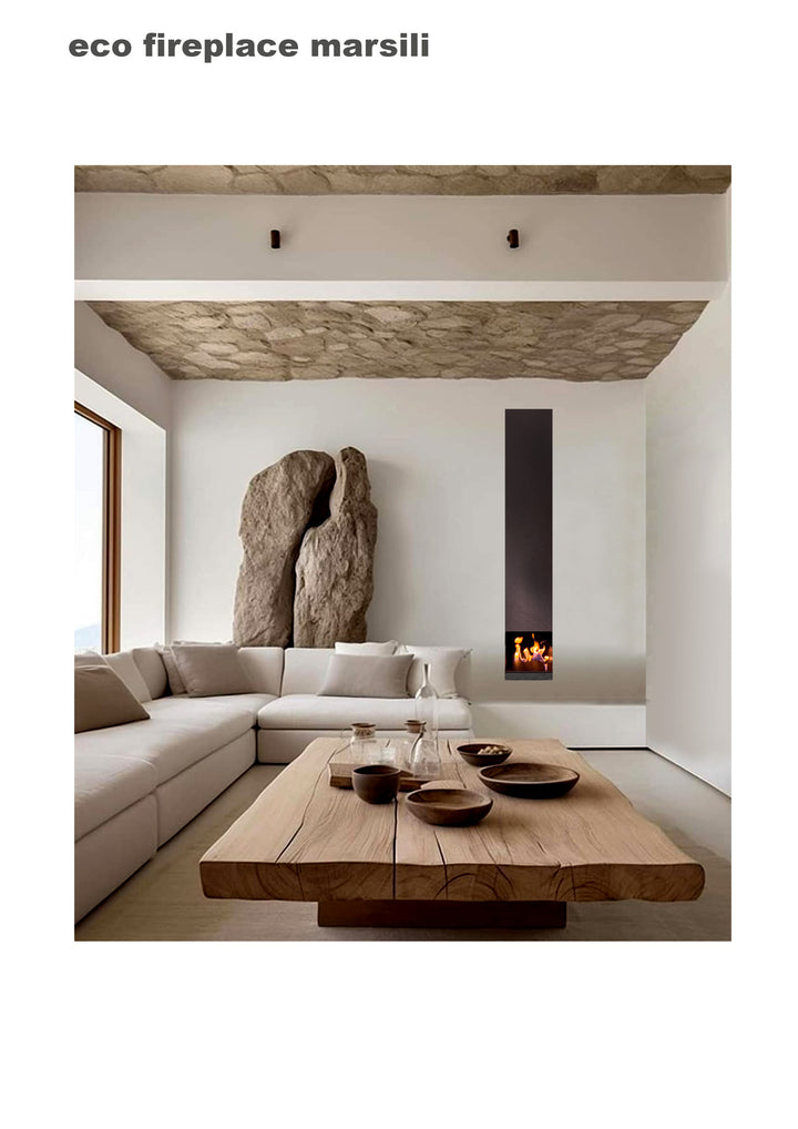 Bioethanol Hängekamin MARSILI S FORM in Schwarz mit Flammen im minimalistischen Wohnzimmer
