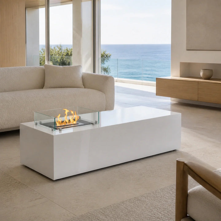 Bioethanol Standkamin AMARANTE Freistehender Ethanolkamin Boden Weiss in hellem Coastal Penthouse