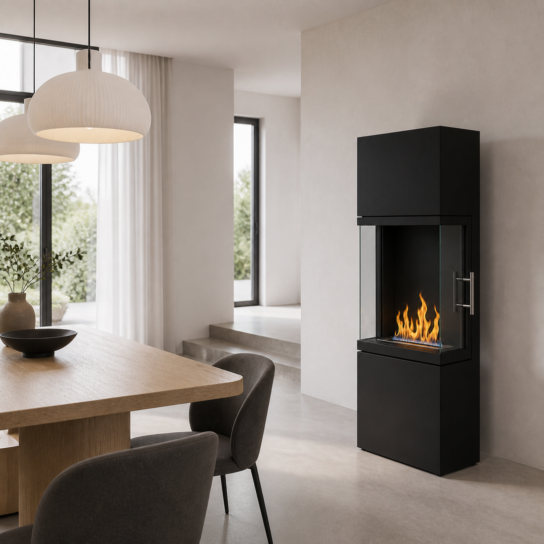 Bioethanol Standkamin AVELLINO Freistehender Ethanolkamin Boden Schwarz in minimalistischem Esszimmer