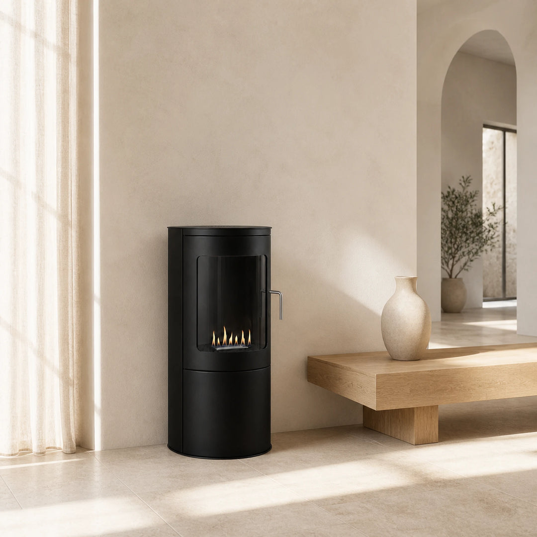 Bioethanol Standkamin BARI Freistehender Ethanolkamin Boden Schwarz in mediterranem Wohnzimmer