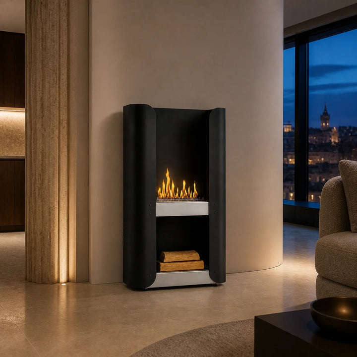 Bioethanol Standkamin BILBAO Freistehender Ethanolkamin Boden Schwarz in modernem Penthouse
