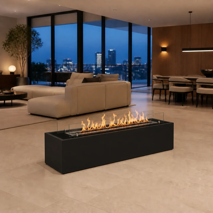 Bioethanol Standkamin CAPRI Freistehender Ethanolkamin Boden Schwarz in luxuriösem Penthouse