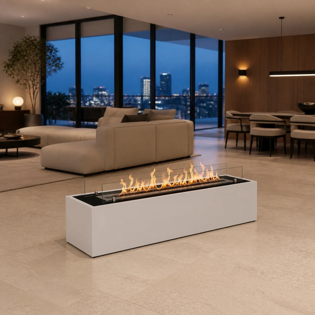 Bioethanol Standkamin CAPRI Freistehender Ethanolkamin Boden Weiss in luxuriösem Penthouse