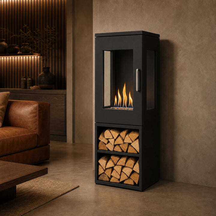 Bioethanol Standkamin CASORIA Freistehender Ethanolkamin Boden Schwarz in luxuriösem Wohnzimmer