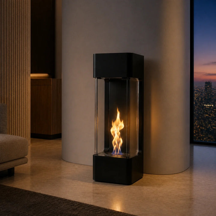 Bioethanol Standkamin CESARIO Freistehender Ethanolkamin Boden Schwarz in modernem Penthouse