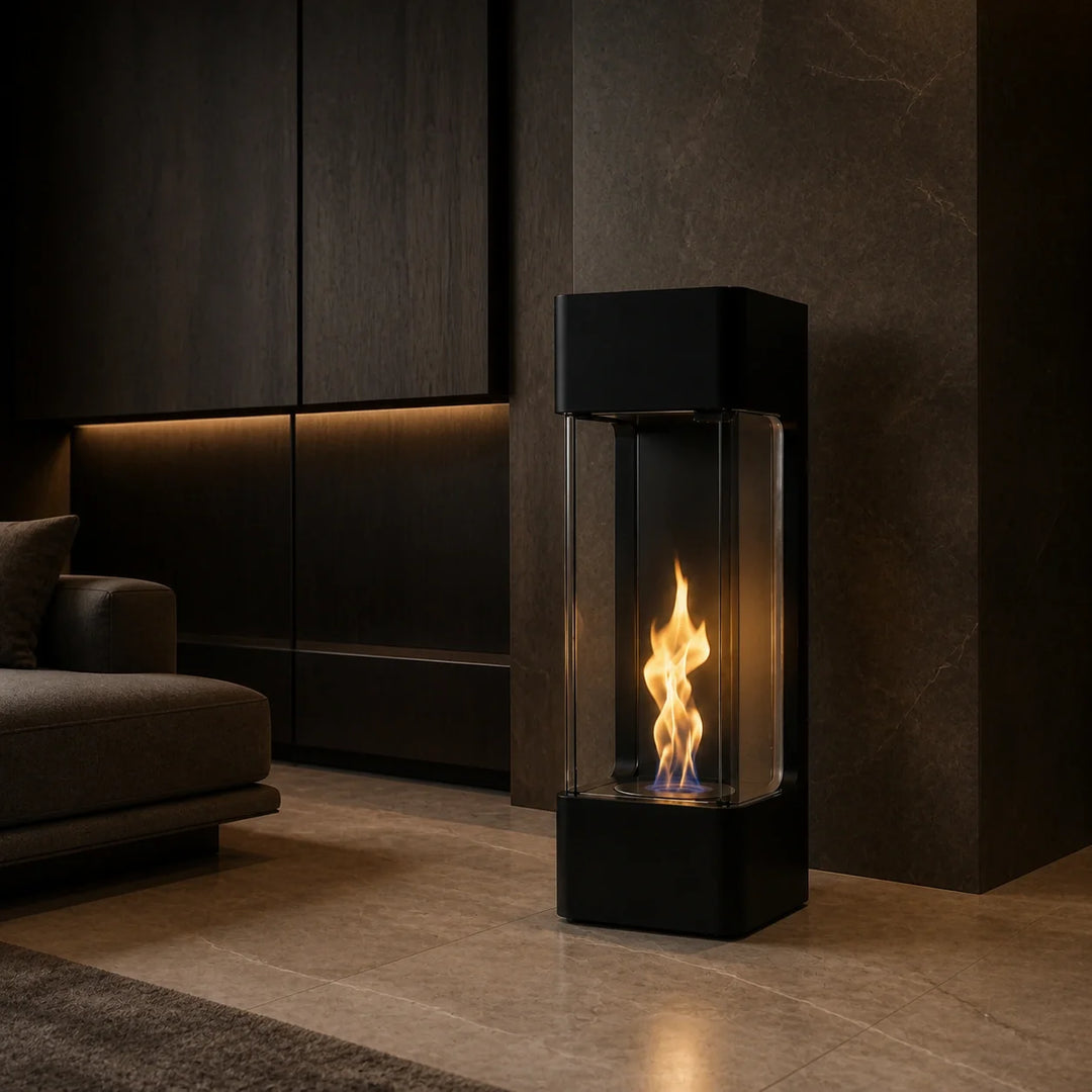 Bioethanol Standkamin CESARIO Freistehender Ethanolkamin Boden Schwarz in dunklem luxuriösem Wohnzimmer