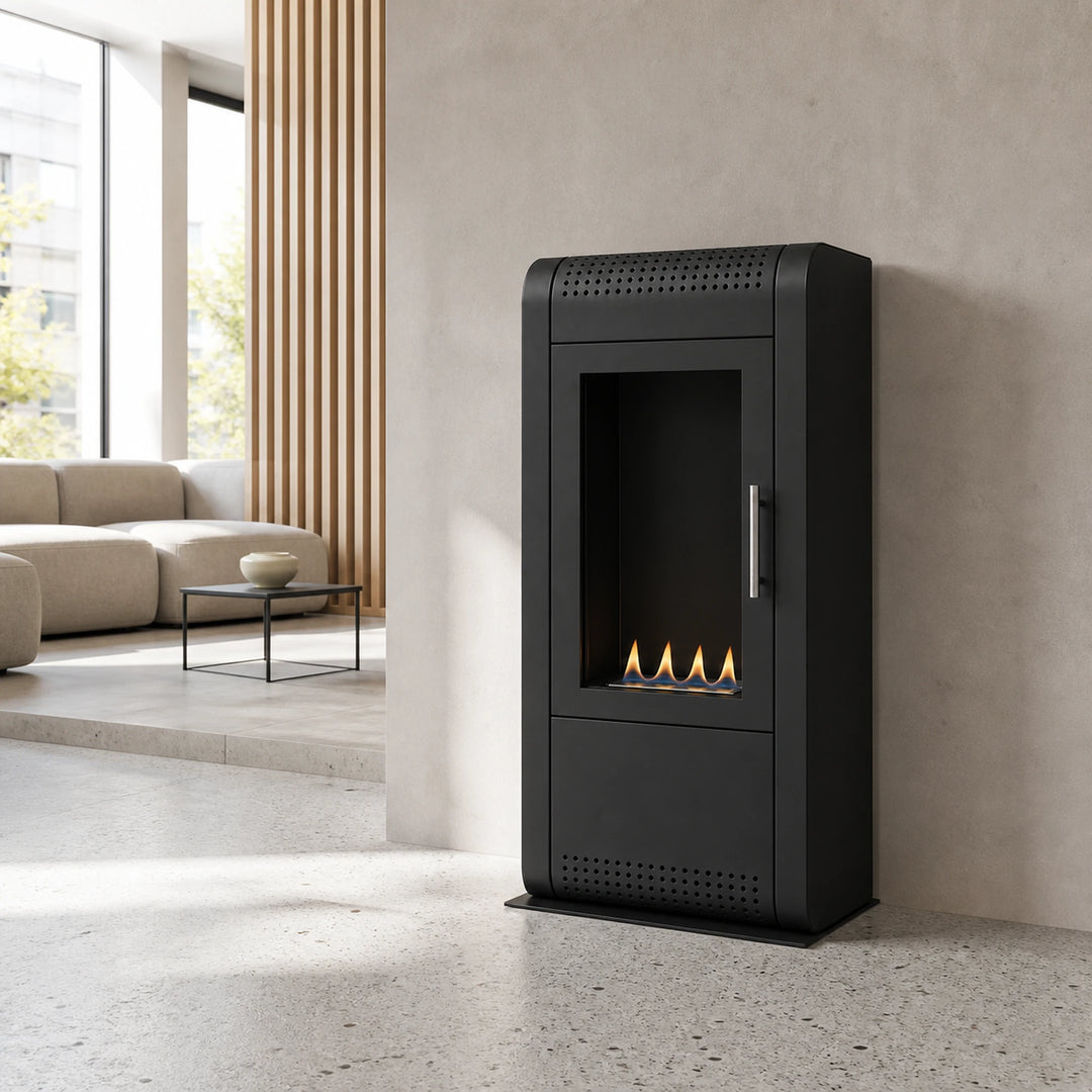 Bioethanol Standkamin FONTANA Freistehender Ethanolkamin Boden Schwarz in architektonischem Wohnzimmer