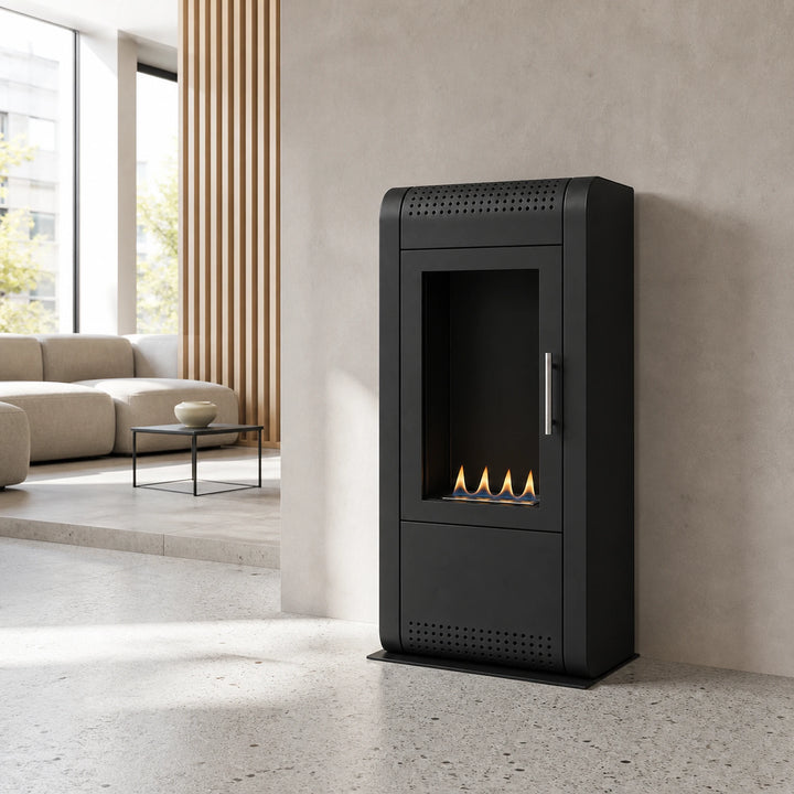 Bioethanol Standkamin FONTANA Freistehender Ethanolkamin Boden Schwarz in architektonischem Wohnzimmer