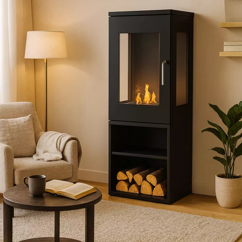 Freistehender Bioethanol Standkamin CASORIA Schwarz mit Glas Glastür und Dekofach in modernen Wohnzimmer