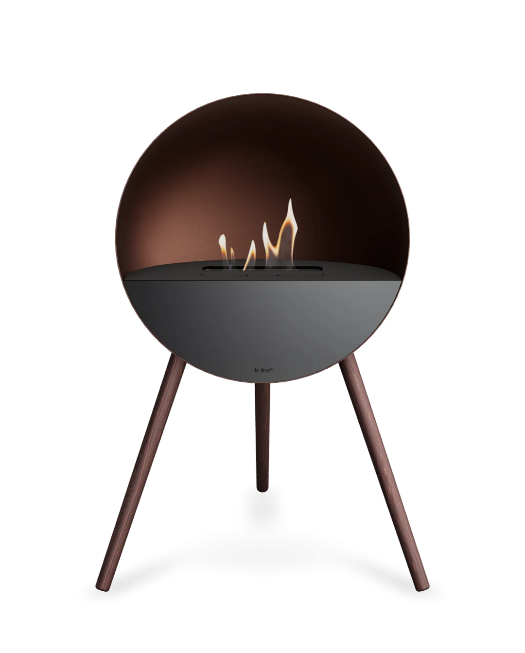 Bioethanol Standkamin Le Feu EYE freistehend in Mokka mit oberem Glas in Schwarz, Frontglas in Schwarz und Standfüßen aus geräucherter Eiche