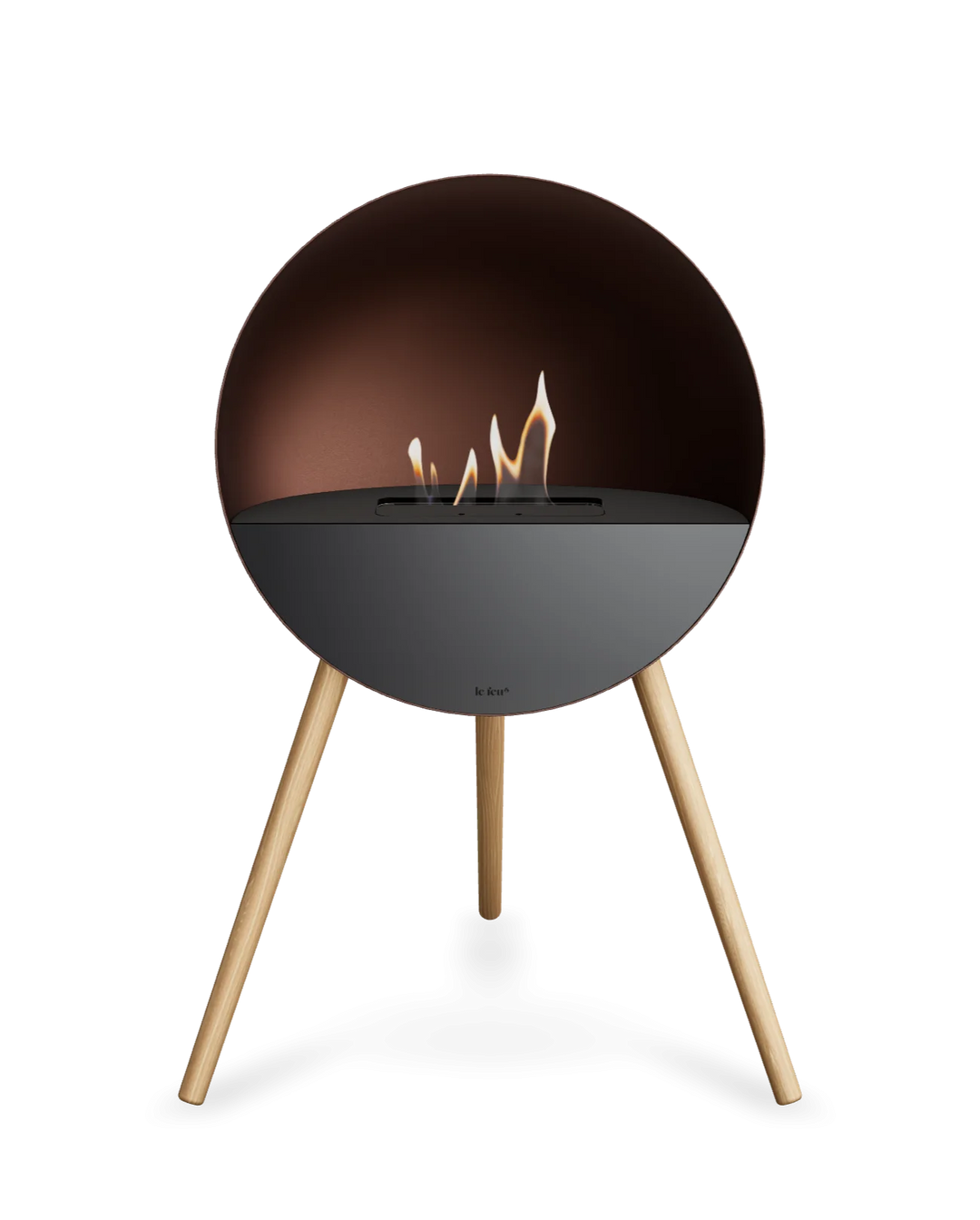 Bioethanol Standkamin Le Feu EYE freistehend in Mokka mit oberem Glas in Schwarz, Frontglas in Schwarz und Standfüßen aus seifenbehandelter Eiche