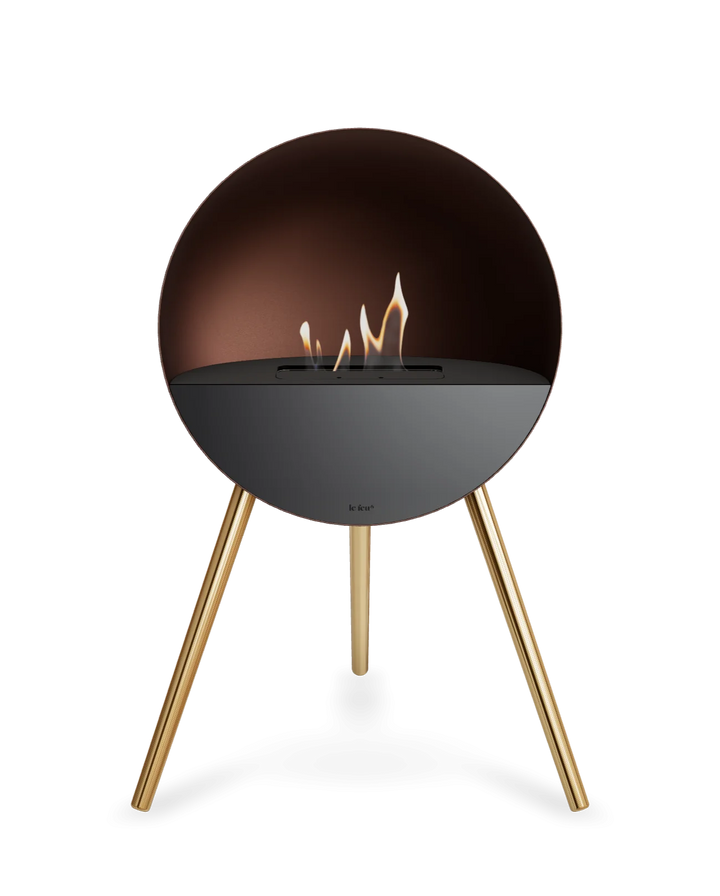 Bioethanol Standkamin Le Feu EYE freistehend in Mokka mit oberem Glas in Schwarz, Frontglas in Schwarz und Standfüßen in Roségold