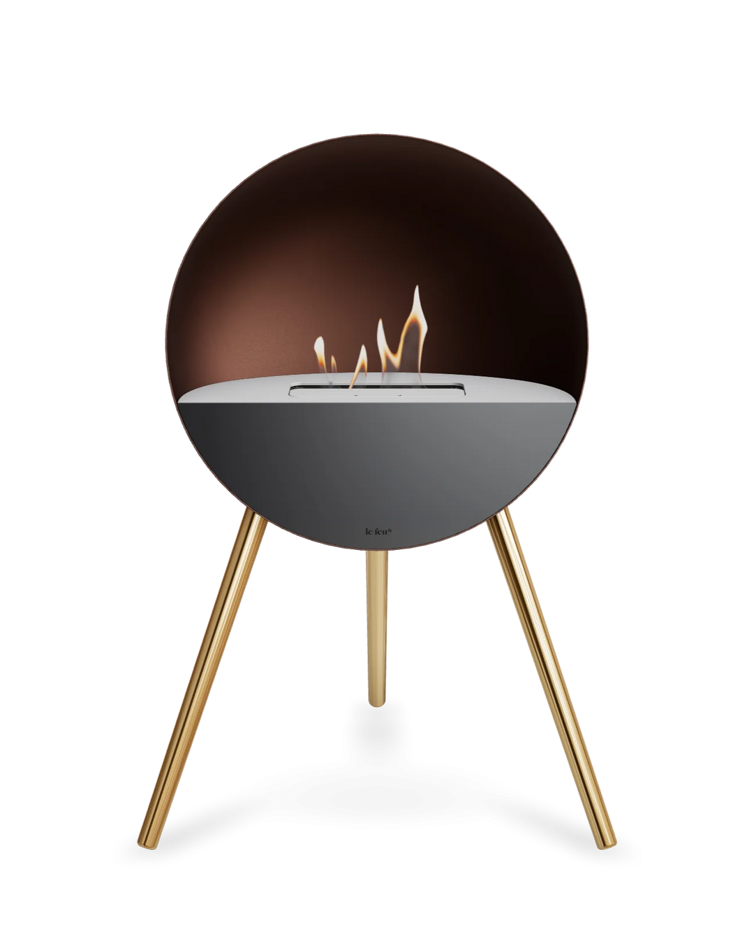 Bioethanol Standkamin Le Feu EYE freistehend in Mokka mit oberem Glas in Weiß, Frontglas in Schwarz und Standfüßen in Roségold