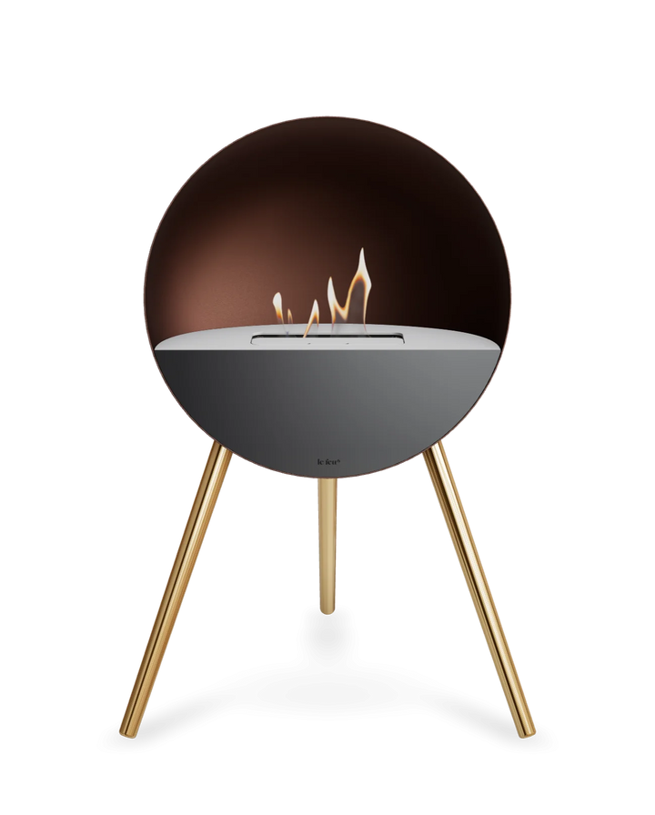Bioethanol Standkamin Le Feu EYE freistehend in Mokka mit oberem Glas in Weiß, Frontglas in Schwarz und Standfüßen in Roségold