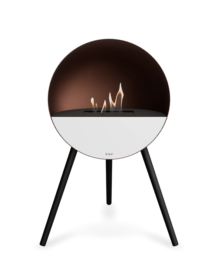 Bioethanol Standkamin Le Feu EYE freistehend in Mokka mit oberem Glas in Schwarz, Frontglas in Weiß und Standfüßen in Schwarz