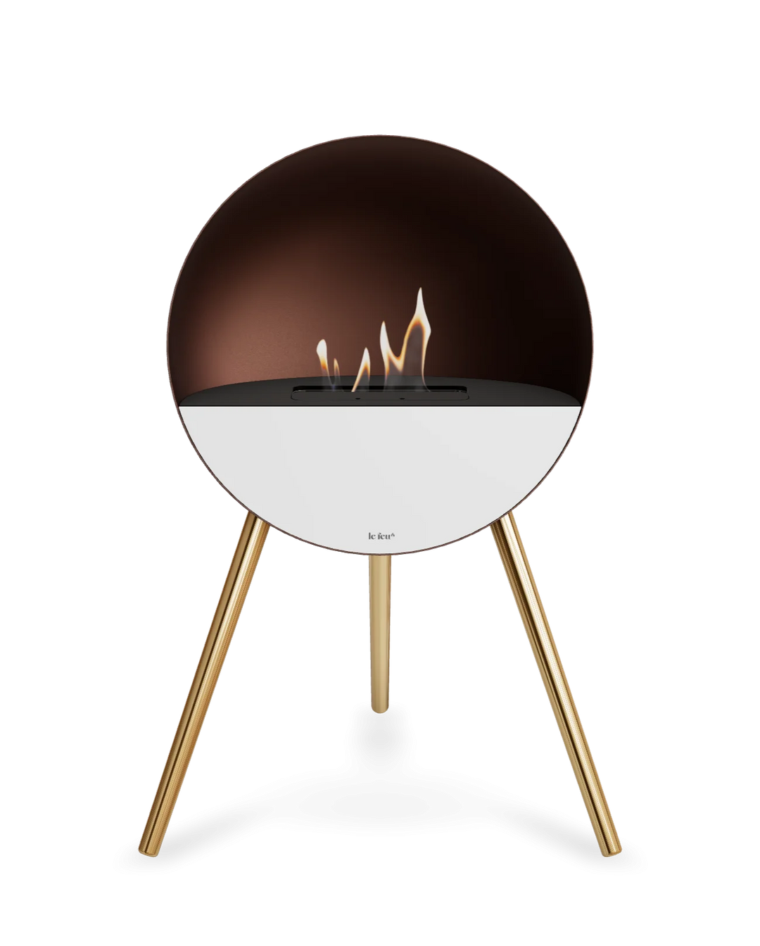 Bioethanol Standkamin Le Feu EYE freistehend in Mokka mit oberem Glas in Schwarz, Frontglas in Weiß und Standfüßen in Roségold