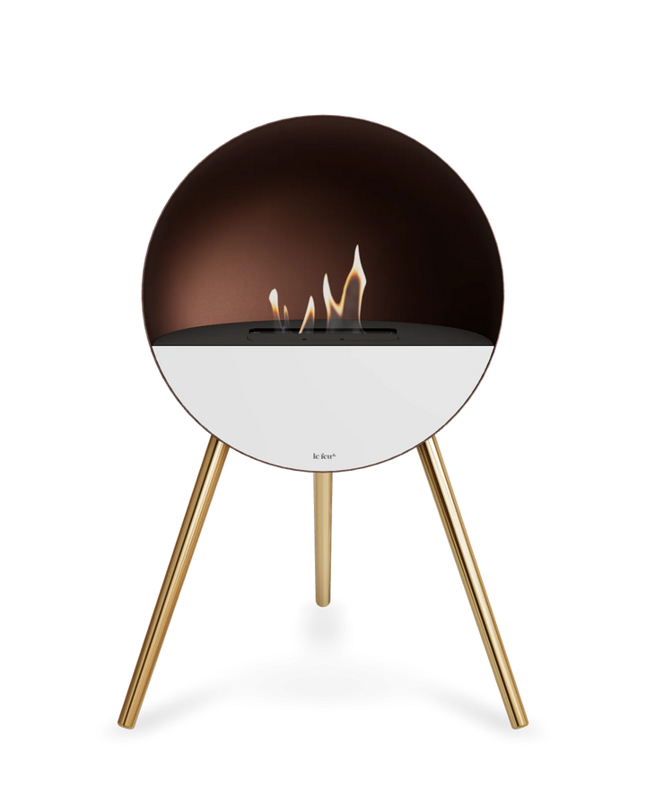 Bioethanol Standkamin Le Feu EYE freistehend in Mokka mit oberem Glas in Schwarz, Frontglas in Weiß und Standfüßen in Roségold