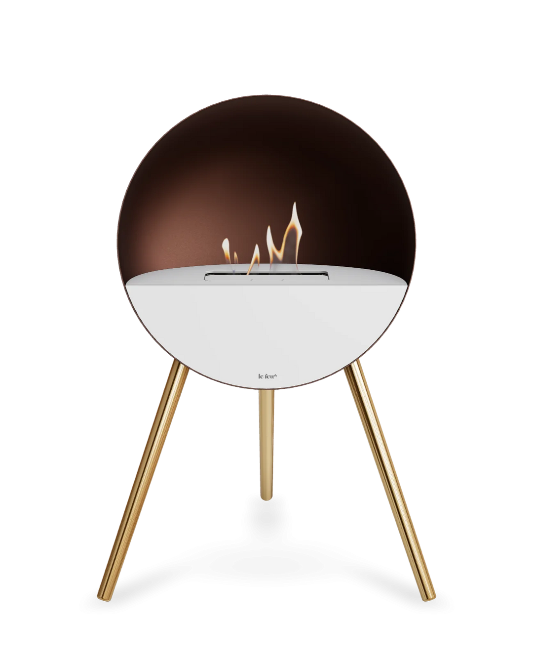 Bioethanol Standkamin Le Feu EYE freistehend in Mokka mit oberem Glas in Weiß, Frontglas in Weiß und Standfüßen in Roségold