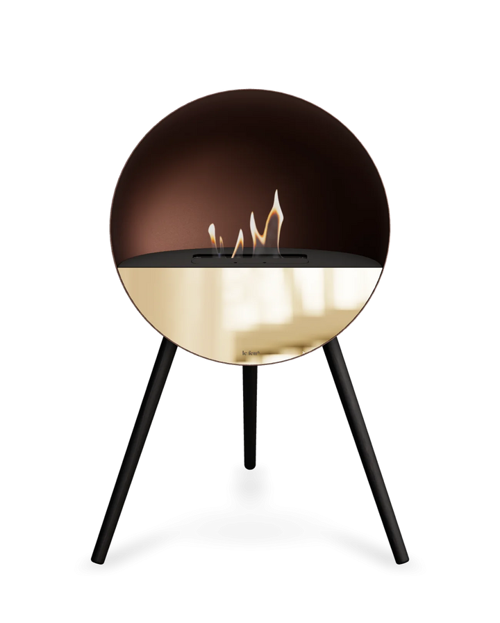 Bioethanol Standkamin Le Feu EYE freistehend in Mokka mit oberem Glas in Schwarz, Frontglas in Roségold und Standfüßen in Schwarz