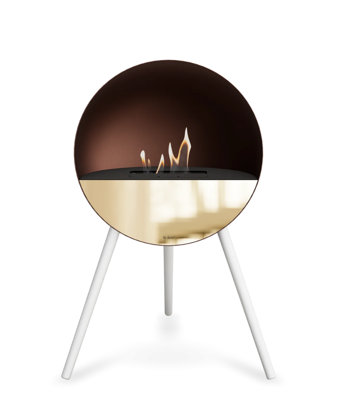 Bioethanol Standkamin Le Feu EYE freistehend in Mokka mit oberem Glas in Schwarz, Frontglas in Roségold und Standfüßen in Weiß
