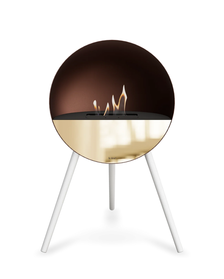 Bioethanol Standkamin Le Feu EYE freistehend in Mokka mit oberem Glas in Schwarz, Frontglas in Roségold und Standfüßen in Weiß