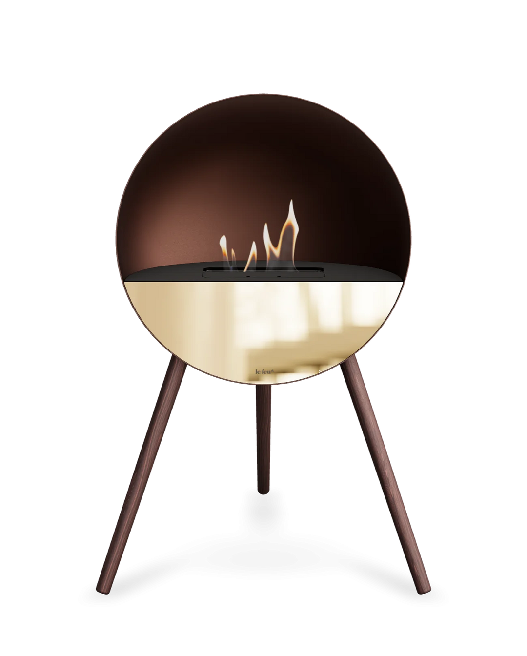 Bioethanol Standkamin Le Feu EYE freistehend in Mokka mit oberem Glas in Schwarz, Frontglas in Roségold und Standfüßen aus geräucherter Eiche