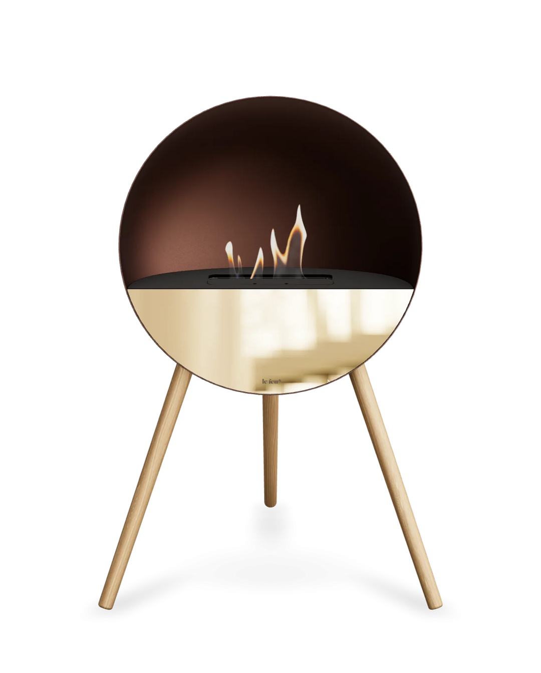 Bioethanol Standkamin Le Feu EYE freistehend in Mokka mit oberem Glas in Schwarz, Frontglas in Roségold und Standfüßen aus seifenbehandelter Eiche