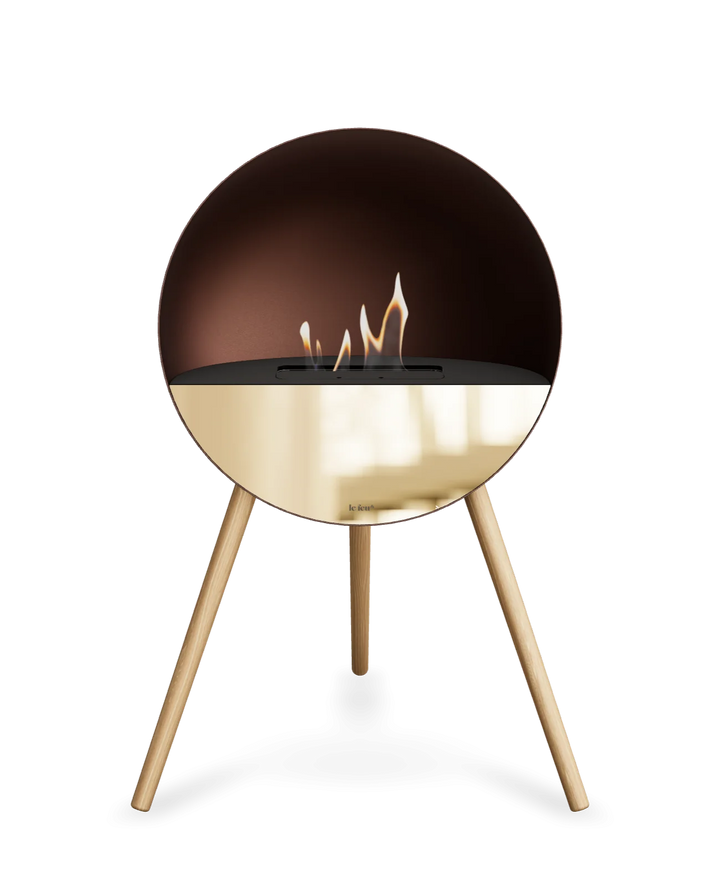 Bioethanol Standkamin Le Feu EYE freistehend in Mokka mit oberem Glas in Schwarz, Frontglas in Roségold und Standfüßen aus seifenbehandelter Eiche