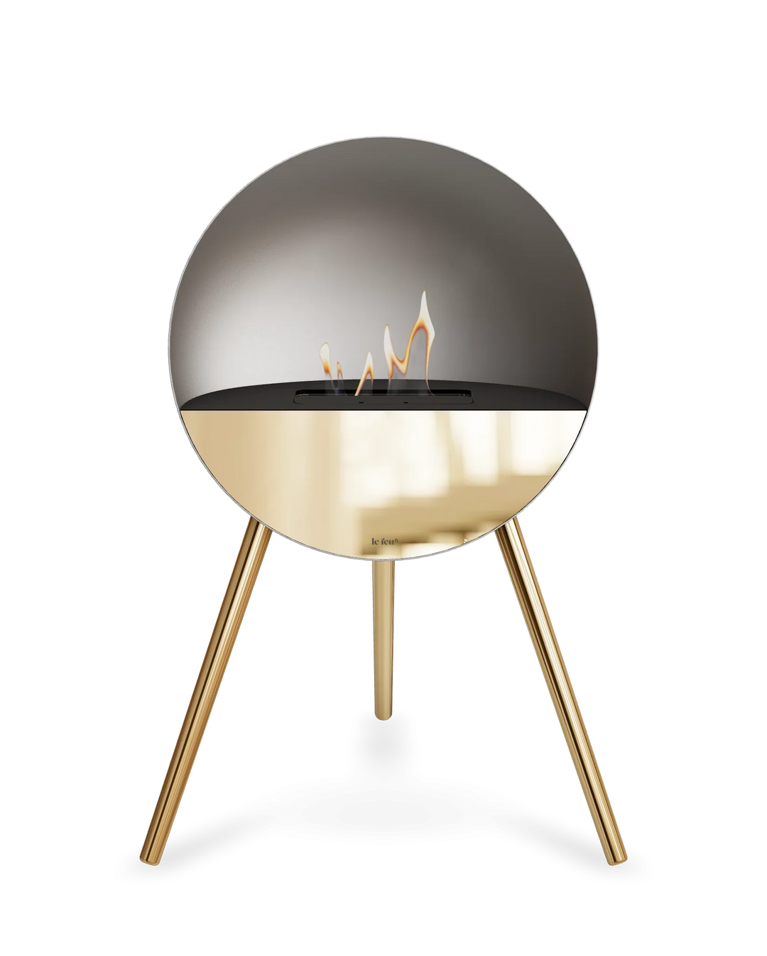 Bioethanol Standkamin Le Feu EYE freistehend in Mokka mit oberem Glas in Schwarz, Frontglas in Roségold und Standfüßen in Roségold
