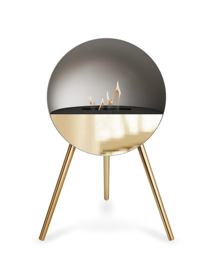 Bioethanol Standkamin Le Feu EYE freistehend in Mokka mit oberem Glas in Schwarz, Frontglas in Roségold und Standfüßen in Roségold