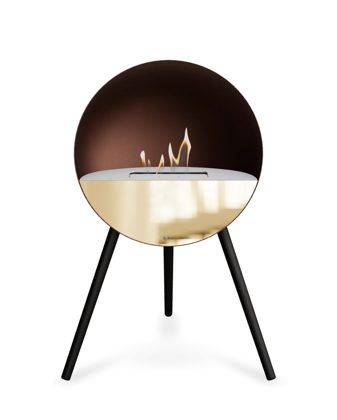 Bioethanol Standkamin Le Feu EYE freistehend in Mokka mit oberem Glas in Weiß, Frontglas in Roségold und Standfüßen in Schwarz