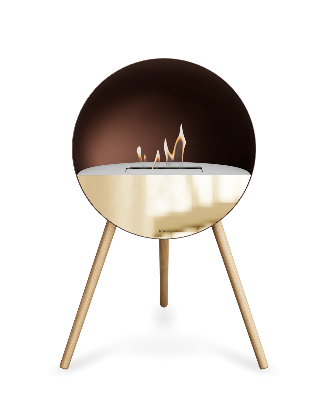 Bioethanol Standkamin Le Feu EYE freistehend in Mokka mit oberem Glas in Weiß, Frontglas in Roségold und Standfüßen aus seifenbehandelter Eiche
