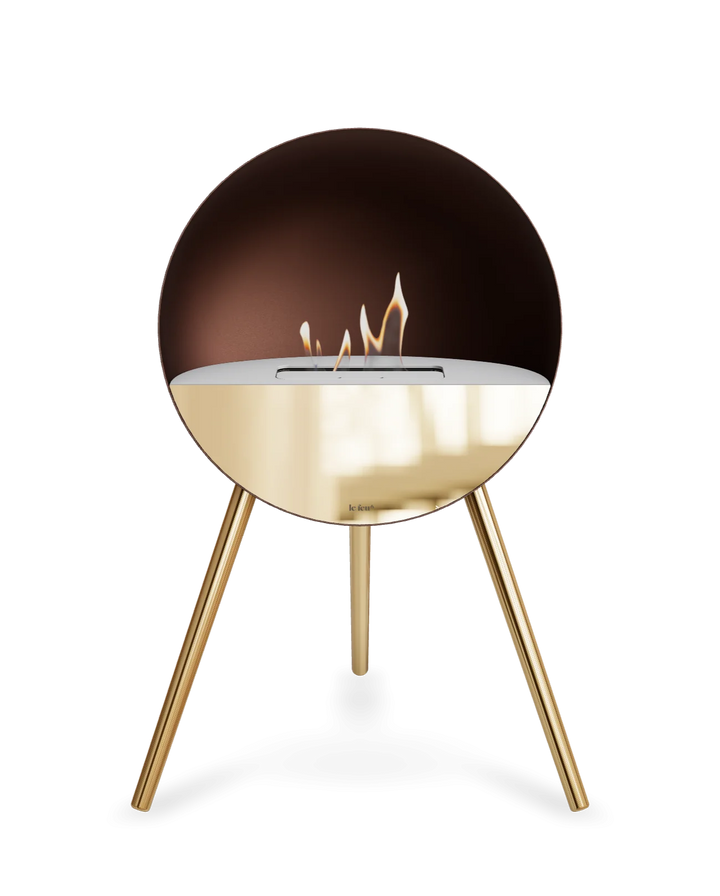 Bioethanol Standkamin Le Feu EYE freistehend in Mokka mit oberem Glas in Weiß, Frontglas in Roségold und Standfüßen in Roségold