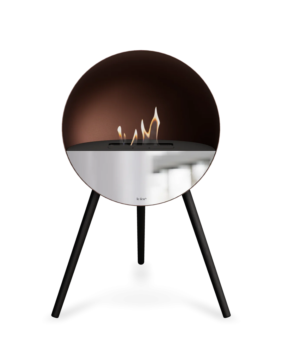 Bioethanol Standkamin Le Feu EYE freistehend in Mokka mit oberem Glas in Schwarz, Frontglas in Spiegelglas und Standfüßen in Schwarz