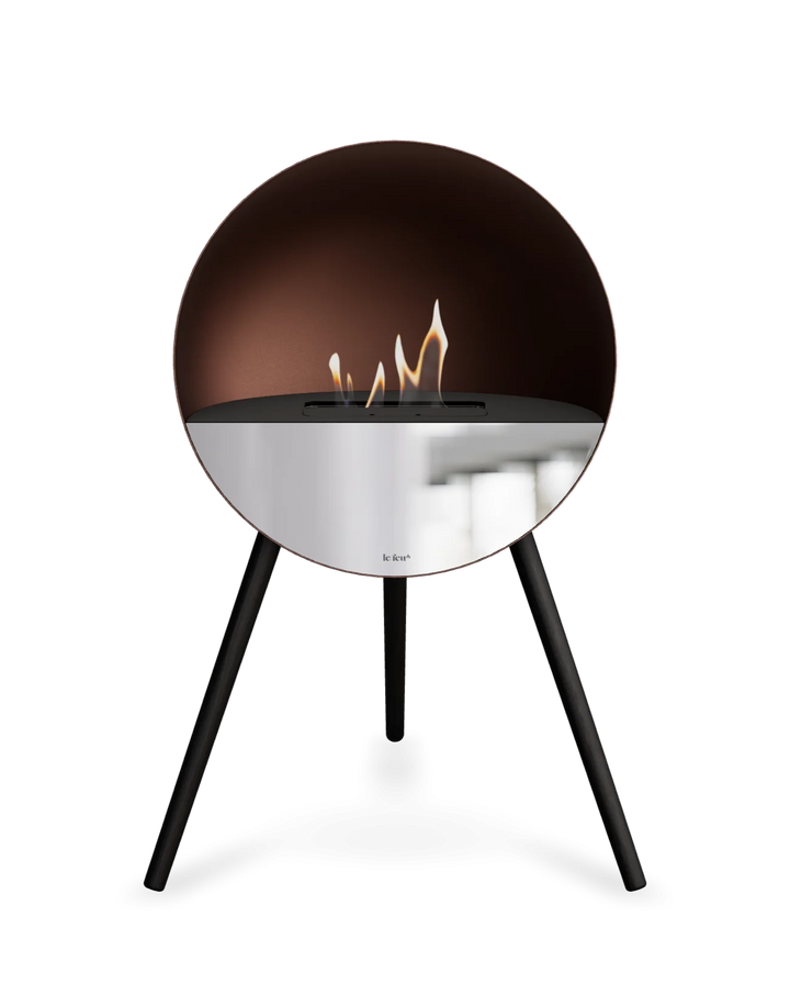 Bioethanol Standkamin Le Feu EYE freistehend in Mokka mit oberem Glas in Schwarz, Frontglas in Spiegelglas und Standfüßen in Schwarz