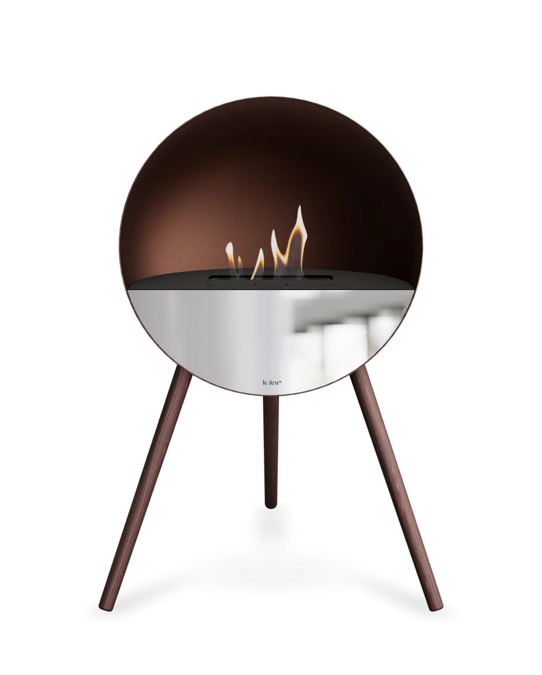 Bioethanol Standkamin Le Feu EYE freistehend in Mokka mit oberem Glas in Schwarz, Frontglas in Spiegelglas und Standfüßen aus geräucherter Eiche